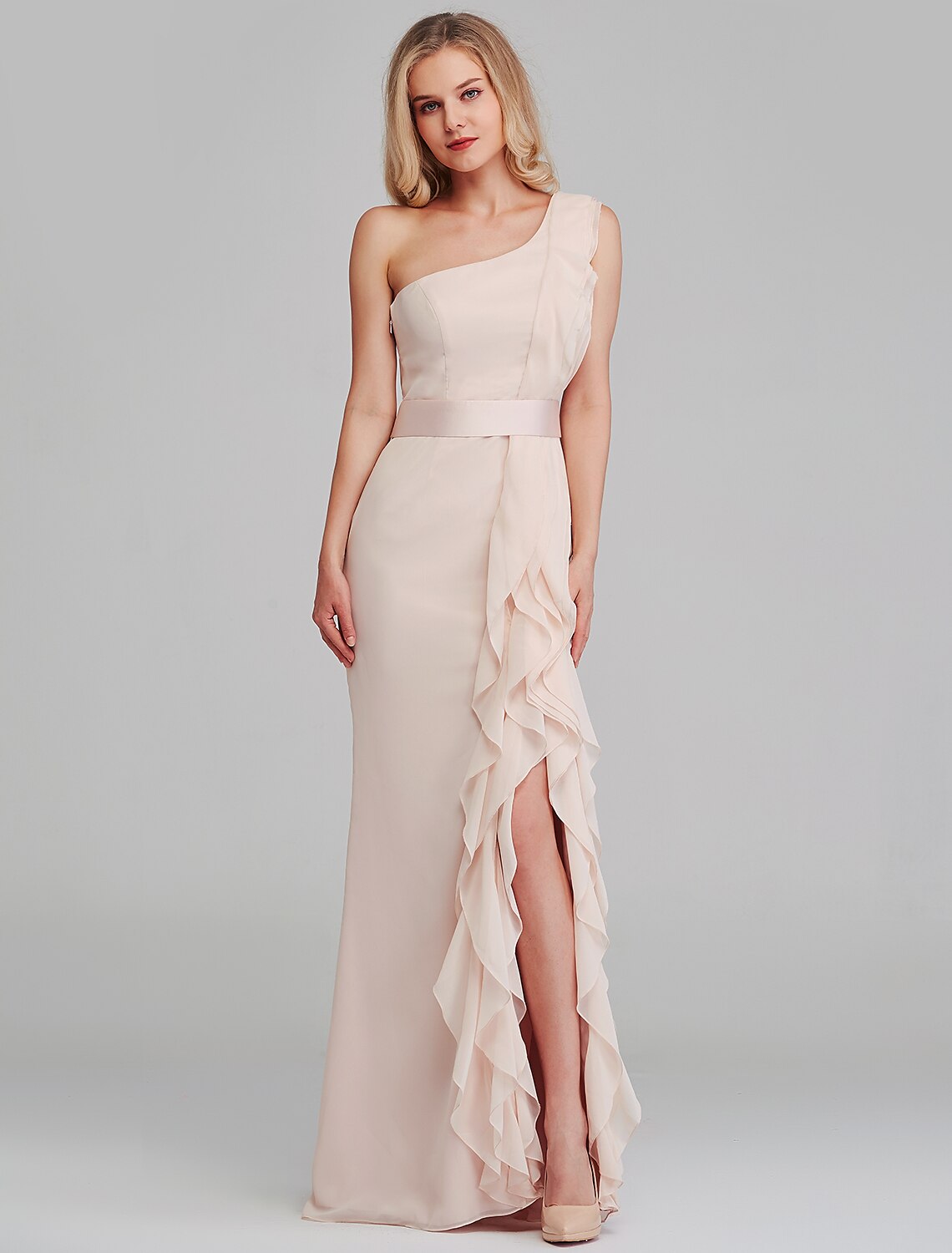 Wholesale Sheath / Column Bridesmaid Dress One Shoulder Sleeveless Elegant Long Length Chiffon with Cascading Ruffles